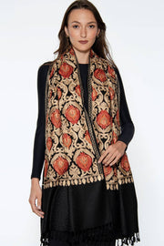 Mandira Embroidered Shawl – 100% Viscose Wool-Feel, Black with Red & Gold Paisley, 72"×28" | Kashmir-Inspired Winter Wrap/Stole