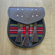 Black Stewart Tartan Brown Leather Semi Dress Hybrid Sporran Chain Belt