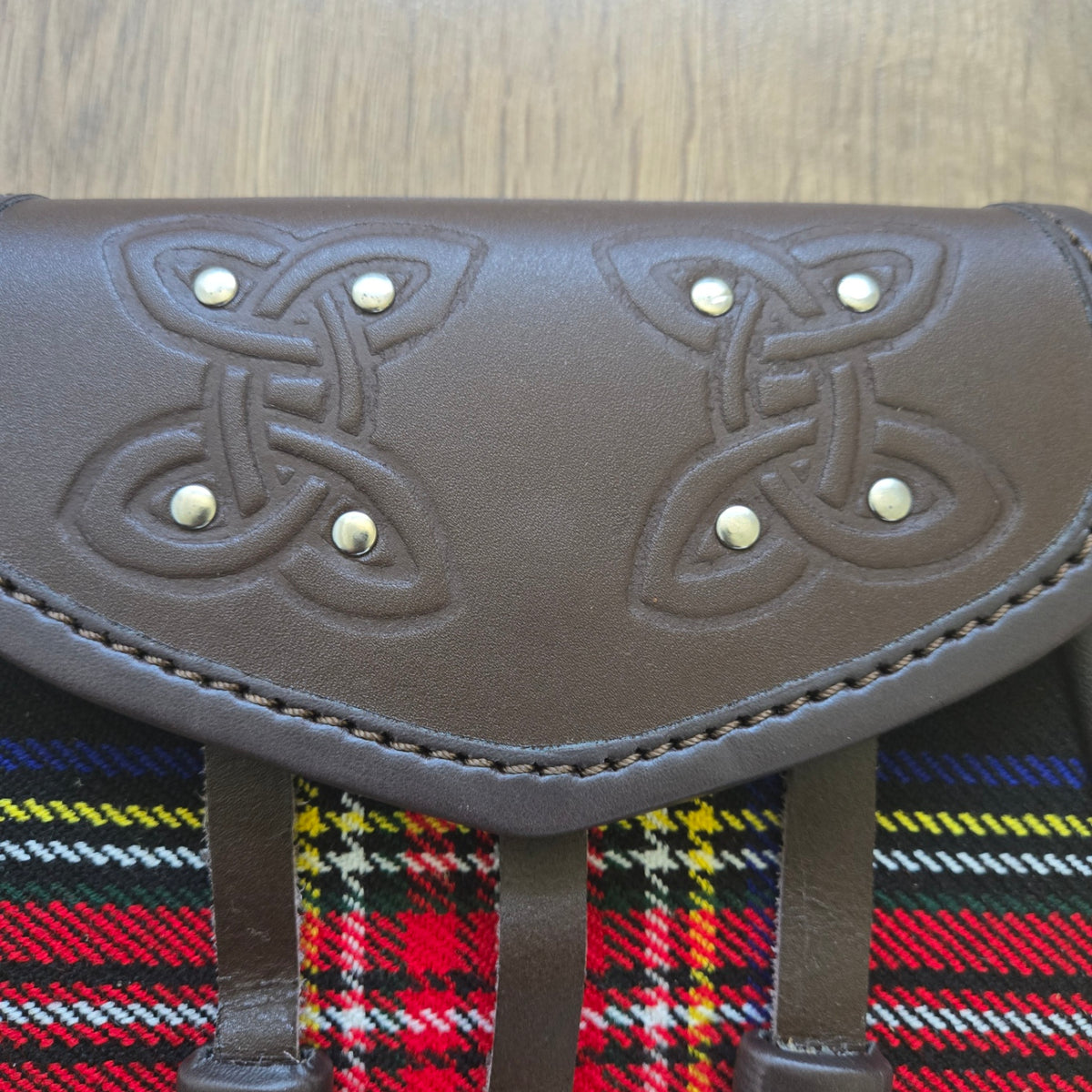 Black Stewart Tartan Brown Leather Semi Dress Hybrid Sporran Chain Belt