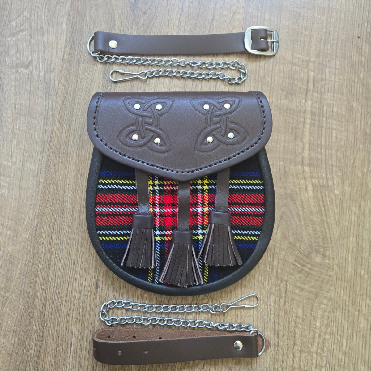 Black Stewart Tartan Brown Leather Semi Dress Hybrid Sporran Chain Belt