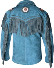 Men's Blue Suede Western Cowboy Leather Jacket With Fringe & Beaded | Best western jacket