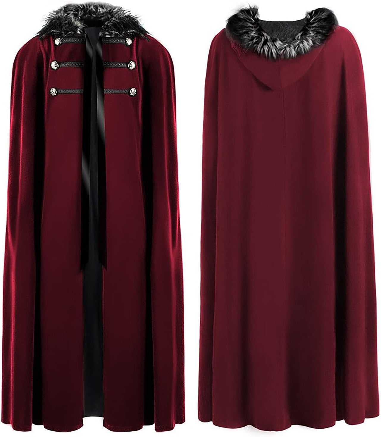 Men's Red Gothic Long  Hooded Fur Cloak