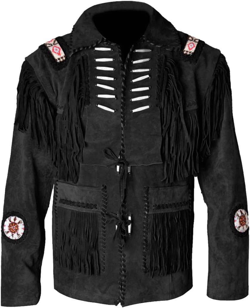 Men's Blue Suede Western Cowboy Leather Jacket With Fringe & Beaded | Best western jacket