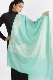 MerinWool Embroidered Shawl Wrap – Mint Green Kashmir-Inspired Border/Cozy Autumn/Winter Scarf