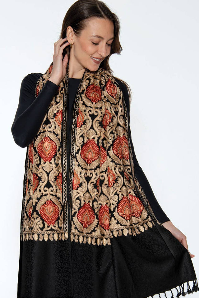 Mandira Embroidered Shawl – 100% Viscose Wool-Feel, Black with Red & Gold Paisley, 72"×28" | Kashmir-Inspired Winter Wrap/Stole