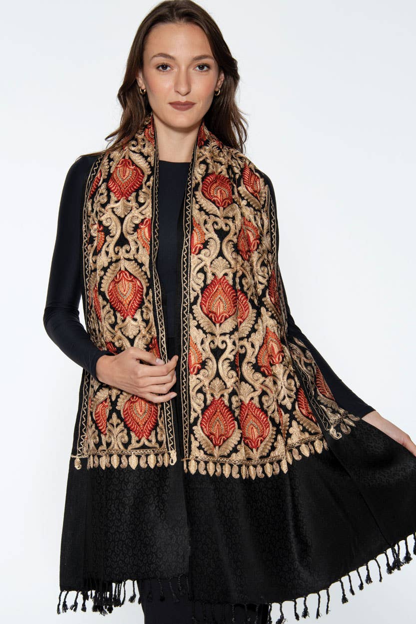 Mandira Embroidered Shawl – 100% Viscose Wool-Feel, Black with Red & Gold Paisley, 72"×28" | Kashmir-Inspired Winter Wrap/Stole