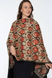 Mandira Embroidered Shawl – 100% Viscose Wool-Feel, Black with Red & Gold Paisley, 72"×28" | Kashmir-Inspired Winter Wrap/Stole