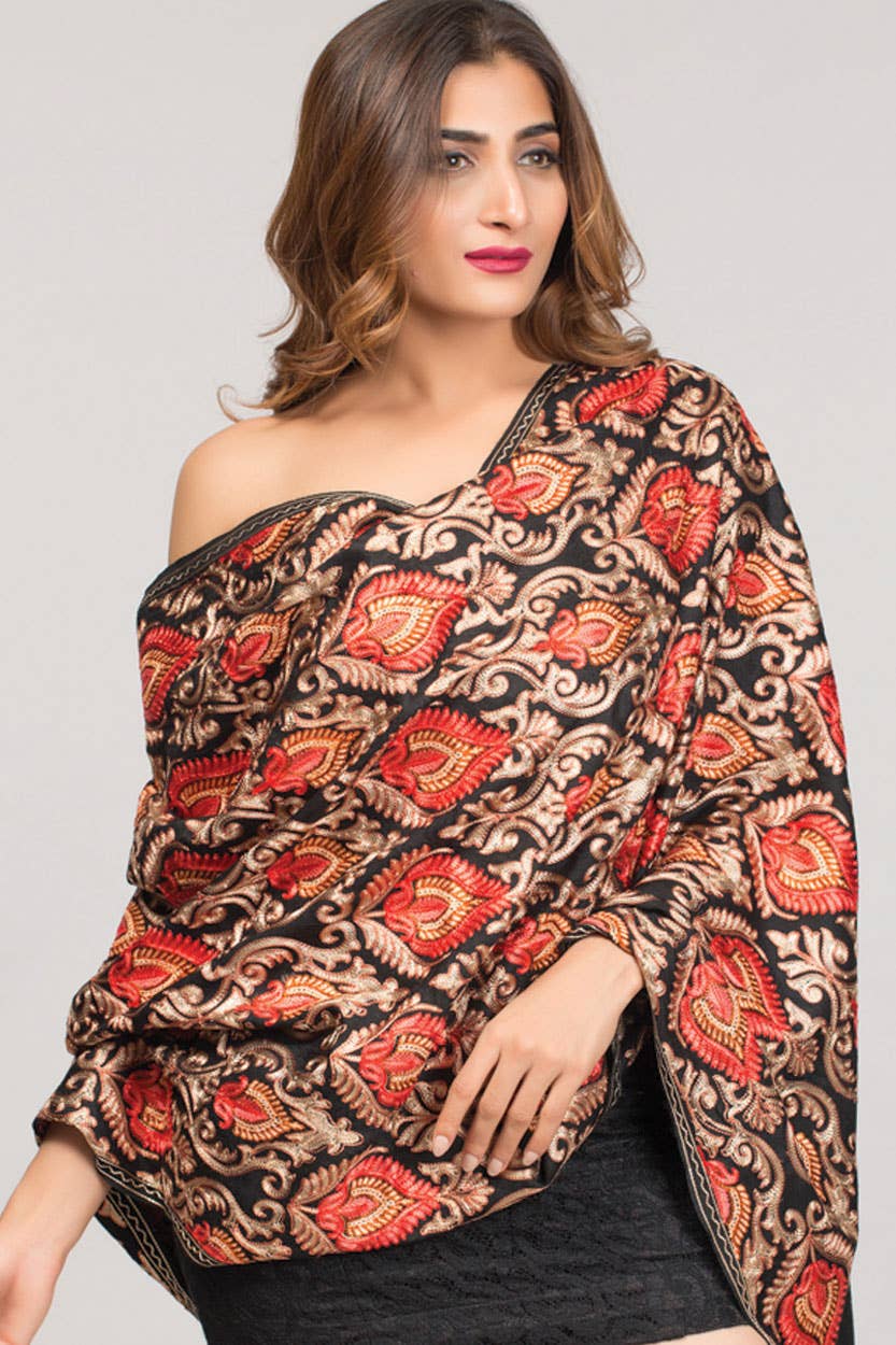 Mandira Embroidered Shawl – 100% Viscose Wool-Feel, Black with Red & Gold Paisley, 72"×28" | Kashmir-Inspired Winter Wrap/Stole