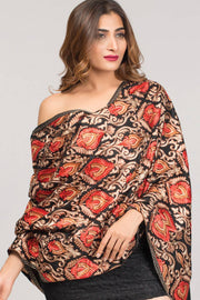 Mandira Embroidered Shawl – 100% Viscose Wool-Feel, Black with Red & Gold Paisley, 72"×28" | Kashmir-Inspired Winter Wrap/Stole