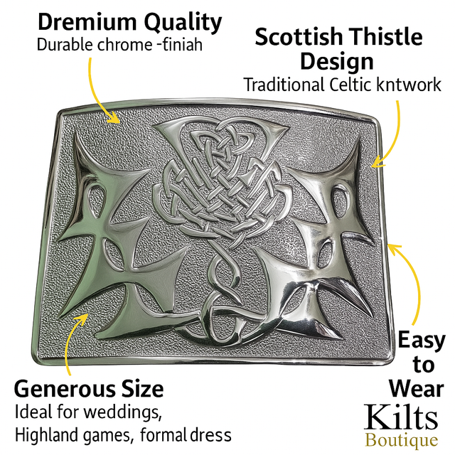 Scottish Thistle Kilt Belt Buckle – Chrome Finish, Fits Standard 2.25" Belts | Kilts Boutique Highland Dress Accessory