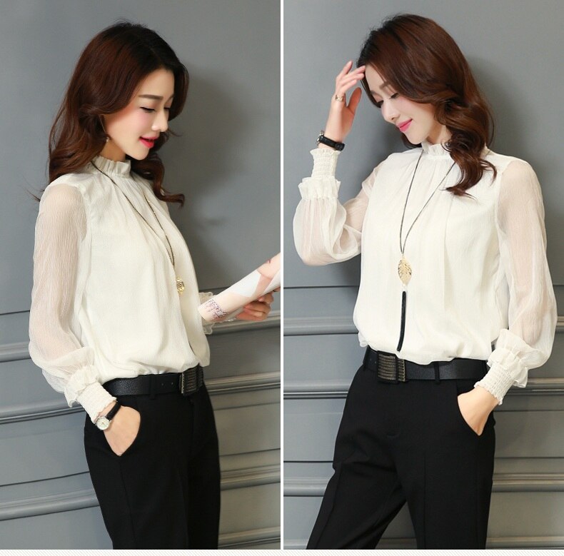 Spring Summer Elegant blouse women Korean Chiffon Shirt Long Sleeve Ruffled