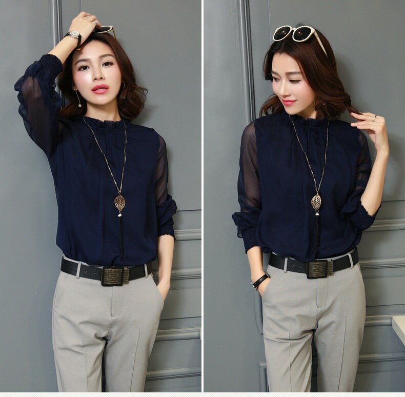 Spring Summer Elegant blouse women Korean Chiffon Shirt Long Sleeve Ruffled