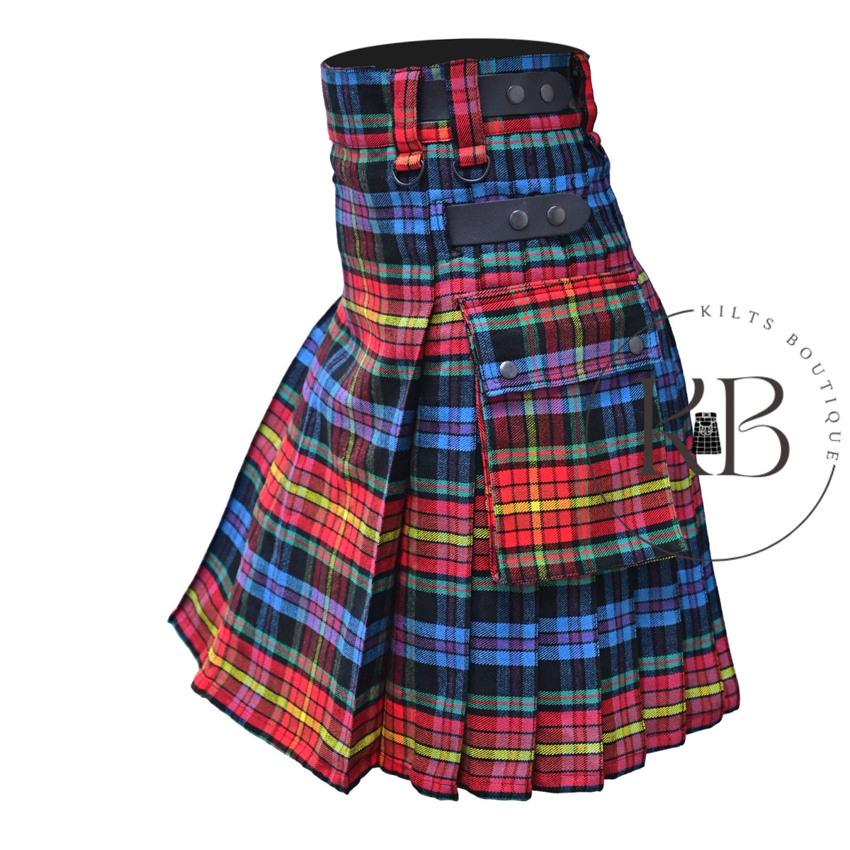 Scottish Men Tartan LGBT Utility Modern Kilt With Leather Straps Pockets Kilt LGBTQ Pride Kilt