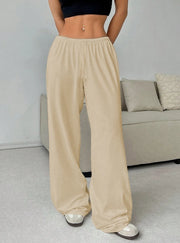 Women Casual Straight Leg Loose Solid Color Elastic Drawstring High Waisted Wide Leg Pants
