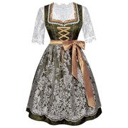 Women’s Green & Gold Dirndl Dress – Elegant Bavarian Oktoberfest Costume with Embroidered Tulle Apron