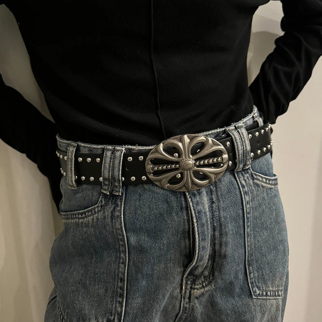 Black Punk Rock Studded Belt with Vintage Silver Cross Buckle – Gothic Fashion Waist Belt for Jeans & Dresses
