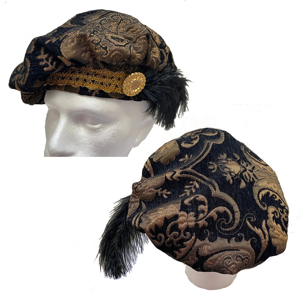 Medieval 15th Century Tudor Black Gold Brocade Poet Floppy Hat