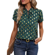 Summer Blouse Women Tops Gold Dot Print Puff Sleeve Shirt