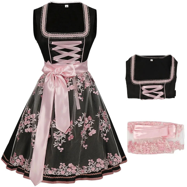 Women’s Black & Pink Dirndl Dress – Bavarian Oktoberfest Costume with Floral Embroidered Apron & Satin Bow