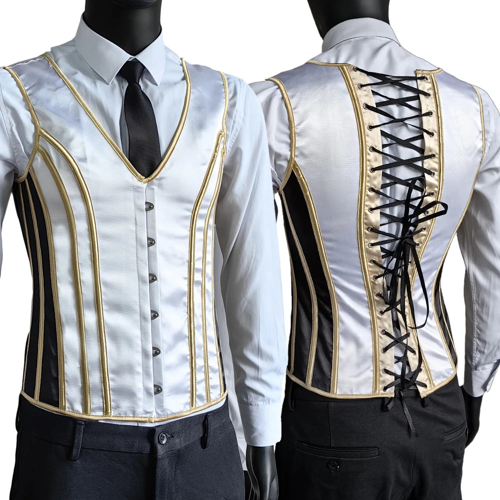 Men’s Waist Trainer Corset Vest – Lace-Up Vintage Waistcoat with Boning