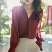 Long-sleeve Spring & Summer French V-neck Design Sense Top Temperament Loose Chiffon Shirt