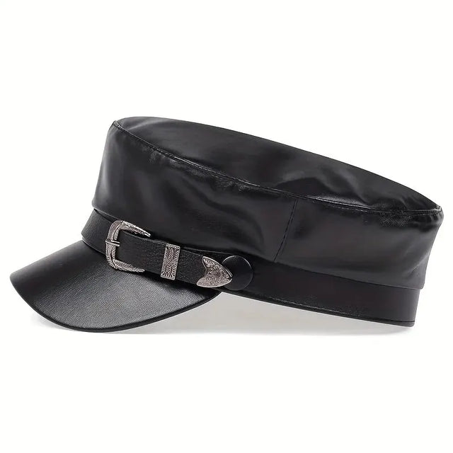 Unisex Leather Military Style Cap – Retro Black Faux Leather Army Hat with Belt Buckle Detail | Adjustable 56–58cm