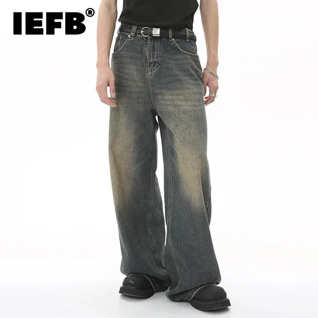 Men's Denim Pants Old Blue Washed Male Jeans Straight  Loose Wide Leg