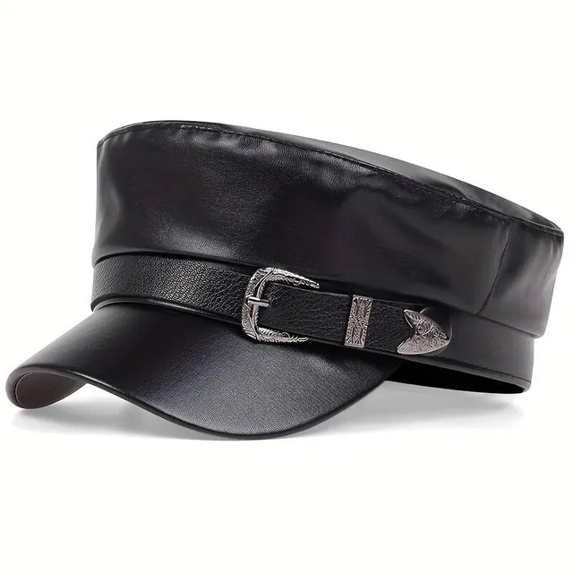 Unisex Leather Military Style Cap – Retro Black Faux Leather Army Hat with Belt Buckle Detail | Adjustable 56–58cm