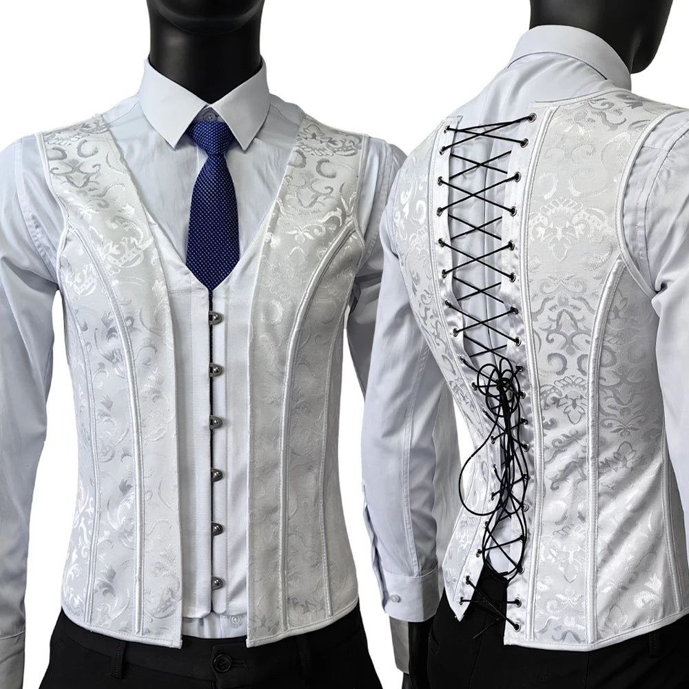Men’s Waist Trainer Corset Vest – Lace-Up Vintage Waistcoat with Boning