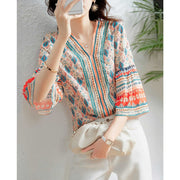 Woman Summer Casual Hafl Flare Sleeve V-Neck Printed Shirt