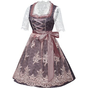 Women’s Purple & Pink Dirndl Dress Set – Bavarian Oktoberfest Costume with Lace Blouse & Embroidered Apron