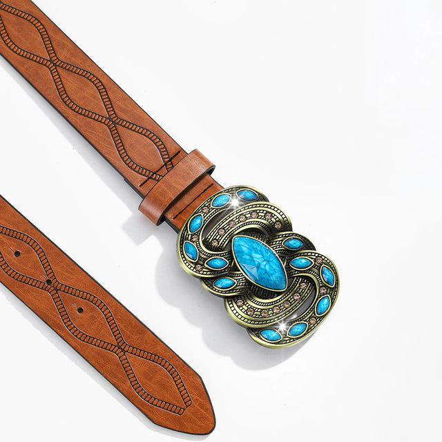 Western Leather Belt for Women – Vintage Brown Belt with Large Turquoise Stone Buckle, Cowgirl Country Rodeo Fashion Accessory