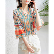 Woman Summer Casual Hafl Flare Sleeve V-Neck Printed Shirt