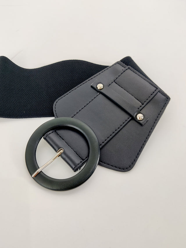 Women’s Wide Stretch Corset Belt – Elastic Cummerbund Waist Cincher with Round Buckle, PU Leather Panels, Adjustable Plus Size Dress Belt