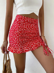Women Ruffle Summer Mini Skirts Knot Ruched Floral Print