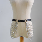 Layered Leather Belt With Chains Body Harness Waist Goth