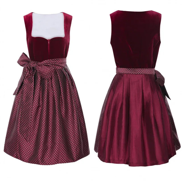 Women’s Burgundy Velvet Dirndl Dress – Bavarian Oktoberfest Costume with Patterned Apron