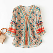 Woman Summer Casual Hafl Flare Sleeve V-Neck Printed Shirt
