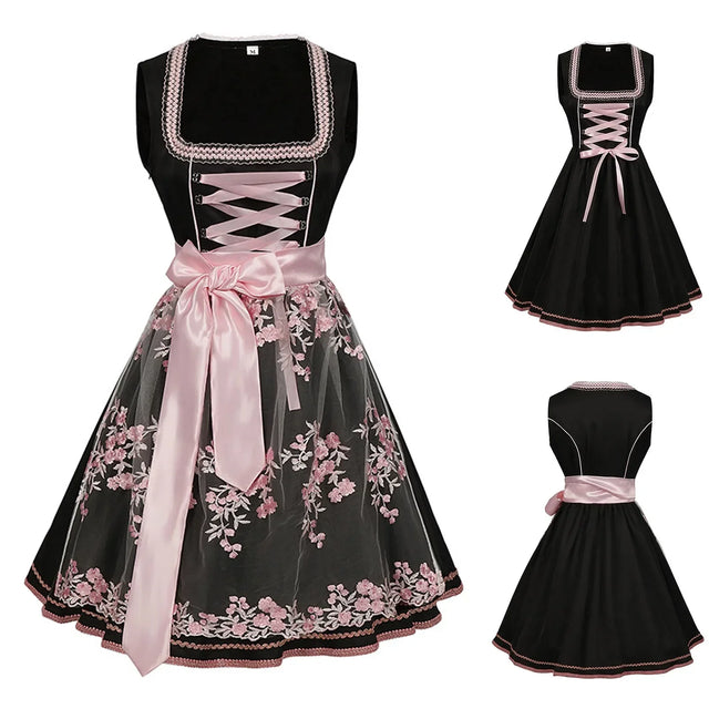 Women’s Black & Pink Dirndl Dress – Bavarian Oktoberfest Costume with Floral Embroidered Apron & Satin Bow