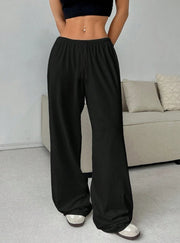 Women Casual Straight Leg Loose Solid Color Elastic Drawstring High Waisted Wide Leg Pants