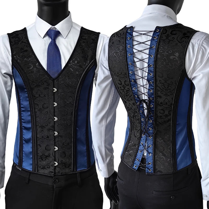 Men’s Waist Trainer Corset Vest – Lace-Up Vintage Waistcoat with Boning