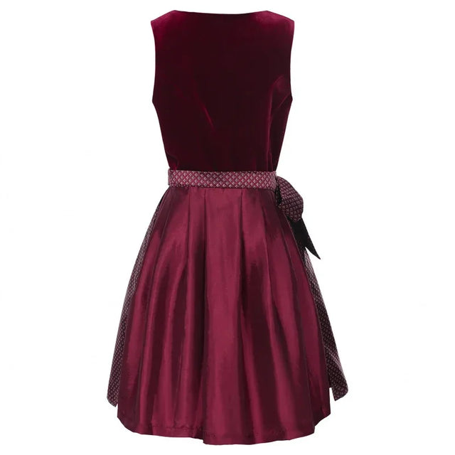 Women’s Burgundy Velvet Dirndl Dress – Bavarian Oktoberfest Costume with Patterned Apron