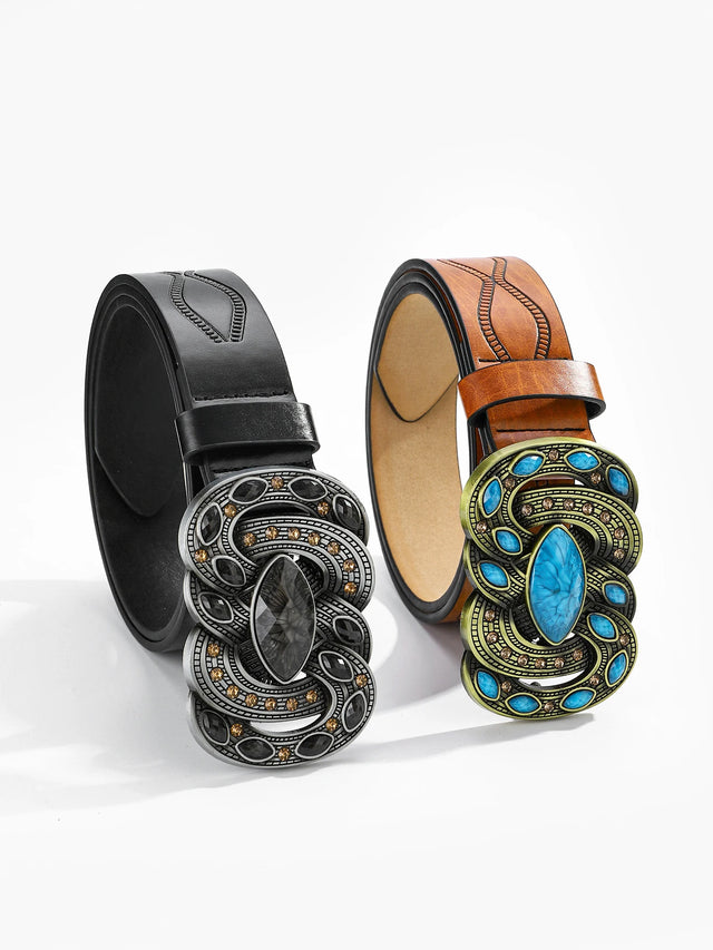 Western Leather Belt for Women – Vintage Brown Belt with Large Turquoise Stone Buckle, Cowgirl Country Rodeo Fashion Accessory