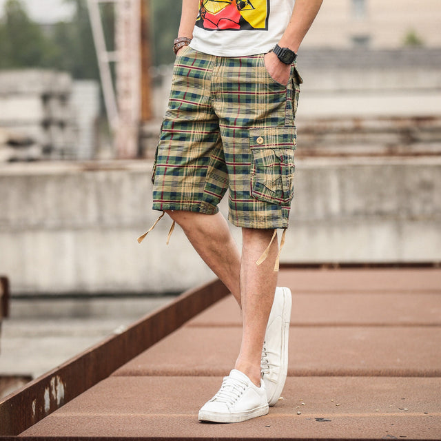 Summer Cotton Comfortable Plaid Outdoor Sports Beach Cargo  Pants Shorts Loose