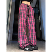 Wide Leg Checked Women High Waist Baggy Joggers Trousers