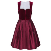 Women’s Burgundy Velvet Dirndl Dress – Bavarian Oktoberfest Costume with Patterned Apron