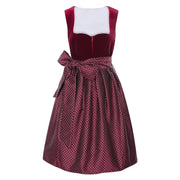 Women’s Burgundy Velvet Dirndl Dress – Bavarian Oktoberfest Costume with Patterned Apron