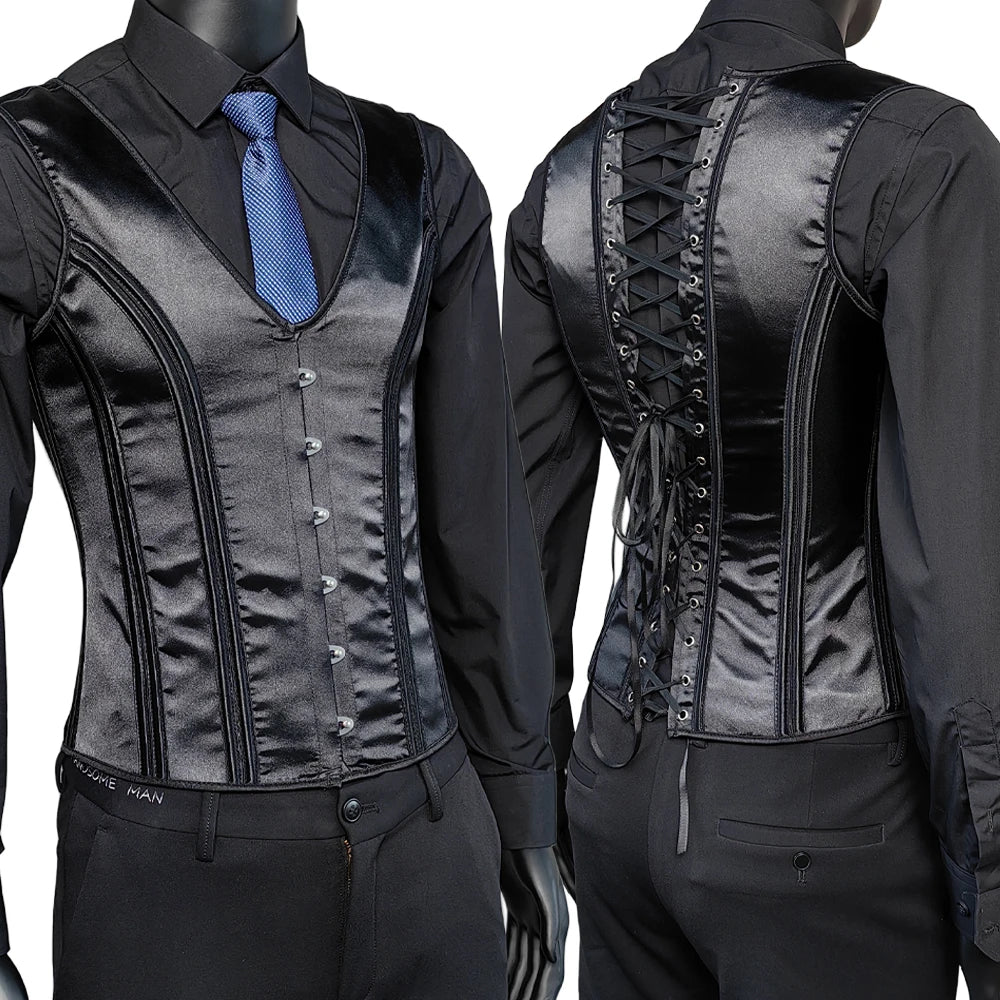 Men’s Waist Trainer Corset Vest – Lace-Up Vintage Waistcoat with Boning