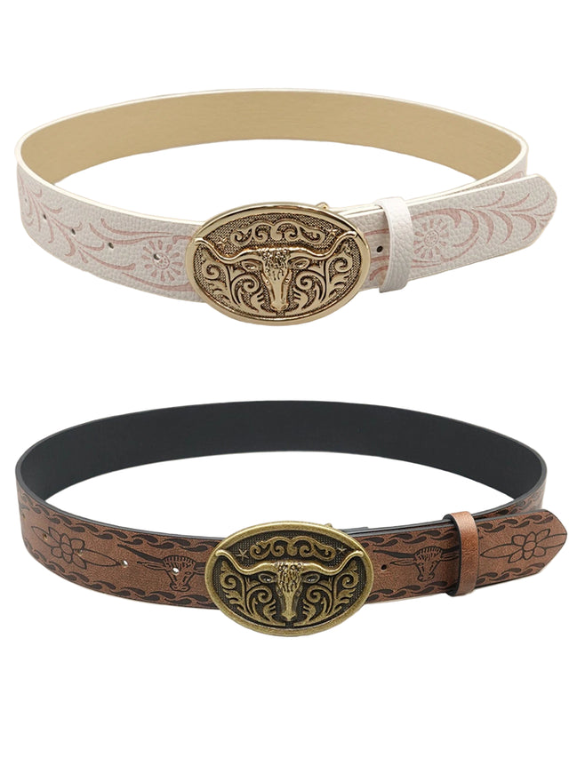 Western Cowboy PU Leather Belt with Longhorn Bull Head Buckle – Vintage Rodeo Belt for Men & Women, 3.8cm Wide, Buckle 8x5.5cm
