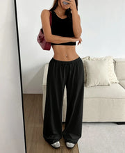 Women Casual Straight Leg Loose Solid Color Elastic Drawstring High Waisted Wide Leg Pants